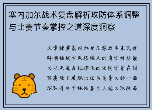 塞内加尔战术复盘解析攻防体系调整与比赛节奏掌控之道深度洞察